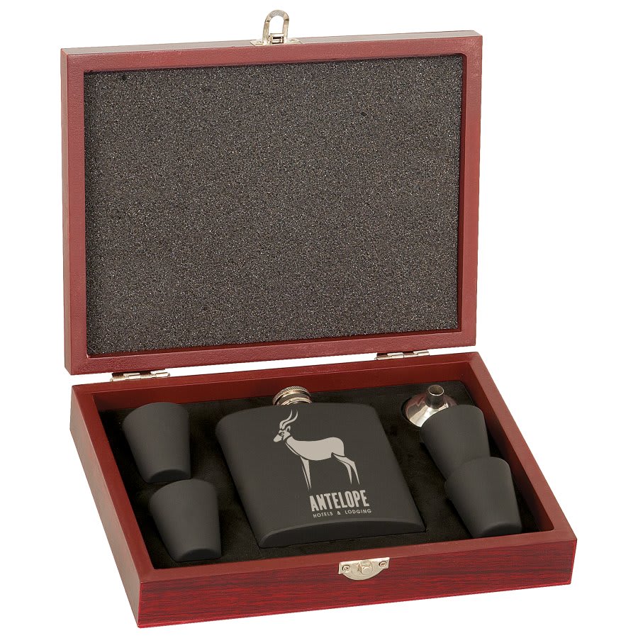6oz Matte Black Flask Set W Wood Box